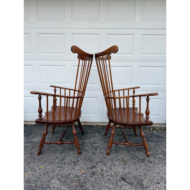 These matching Stickley Windsor armchairs feature a distinctive tall comb-back design with scroll ears. Super comfortable,...