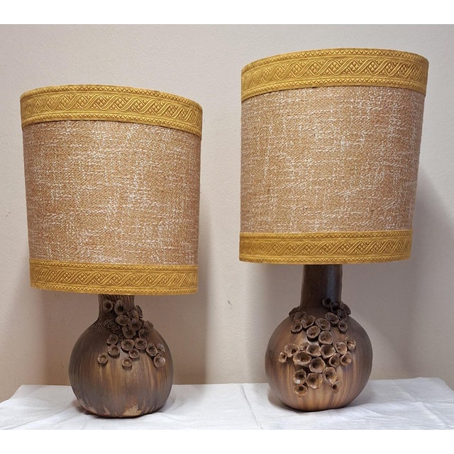 Vintage Table Lamps with Brown Ceramic Bases and Fabric Shades, 1970s, Set of 2, in Very Good conditions. Designed 1970 to...