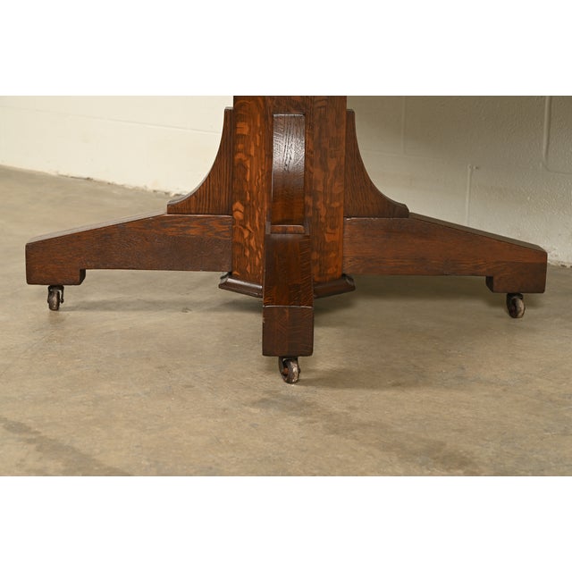 Stickley Brothers Style Antique Mission Oak Arts & Crafts Pedestal Extension Dining Table, Newly Refinished For Sale - Image 11 of 13