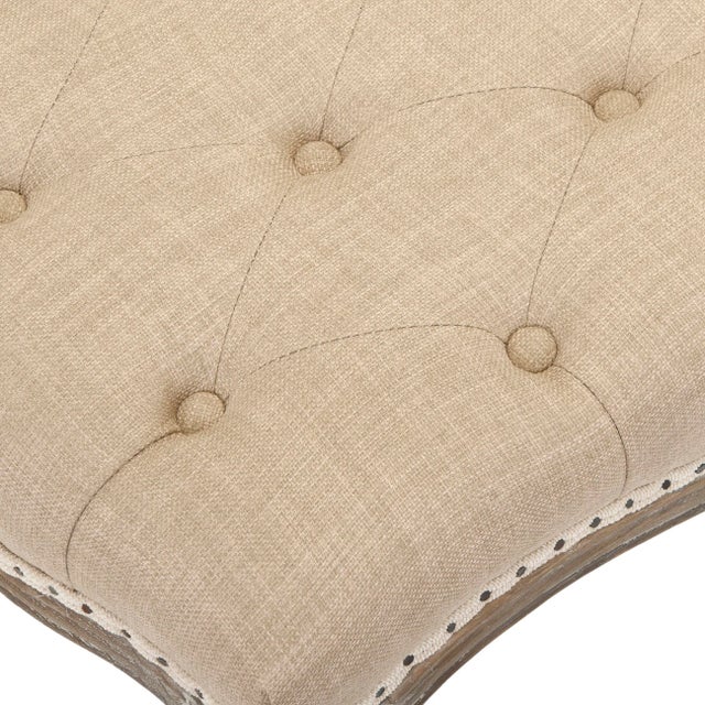 French Country Tufted Nailhead Bench with Cabriole Legs in Wheat Beige & Pickled Oak Finish For Sale - Image 3 of 5