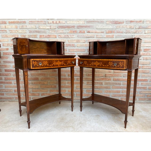 1940s Pair of Neoclassical Marquetry Bedside Tables With Drawers and Upper Compartment For Sale - Image 6 of 18