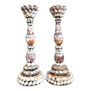 Vintage Shell Encrusted Candle Holders - Pair For Sale