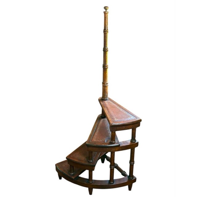 Library Staircase in Leather and Wood, 1900 For Sale - Image 3 of 7