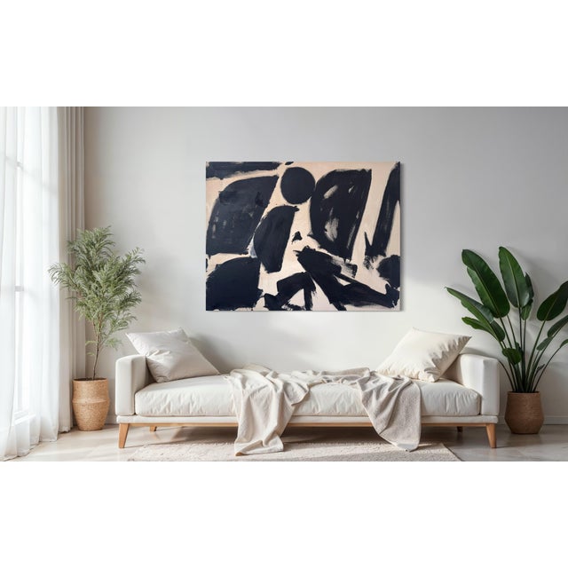 This abstract piece explores balance through bold black brushstrokes set against a soft neutral background. The...