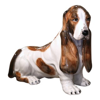 Vintage Italian Hand-Painted Terracotta Basset Hound Dog Sculpture For Sale