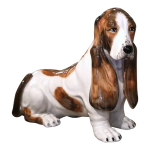 Vintage Italian Terracotta Barbotine Basset Hound Dog Sculpture Signed C. S. M.