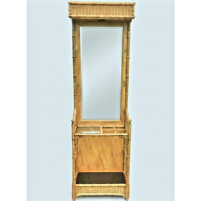 American of Martinsville Vintage Faux Bamboo & Woven Rattan American of Martinville Mirrored Hall Tree Umbrella Stand Coat Rack For Sale - Image 4 of 8