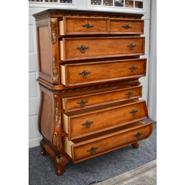 Legacy Carved Bombe Tall Chest French Style Pine Dresser W/Gold Details For Sale - Image 16 of 17