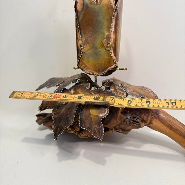 1970s Brutalist Copper Metal Owl Sculpture Perched on Driftwood With Leaves For Sale - Image 11 of 11