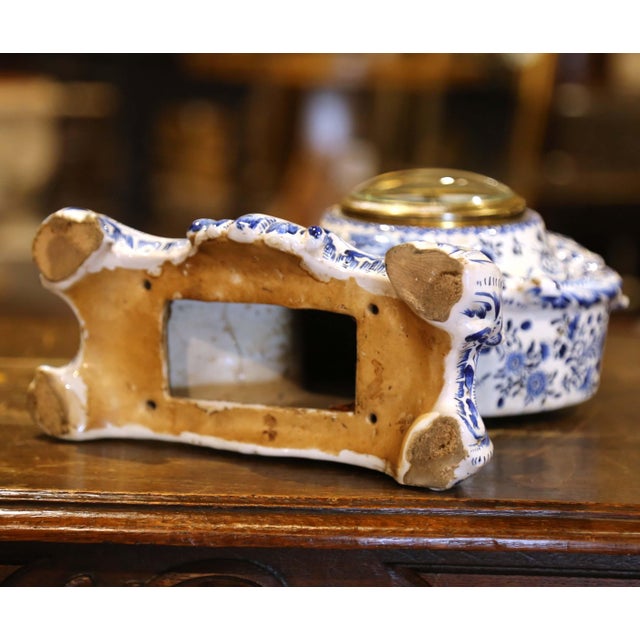 19th Century French Delft Blue and White Faience Mantel Clock With Windmill Scene For Sale - Image 10 of 11
