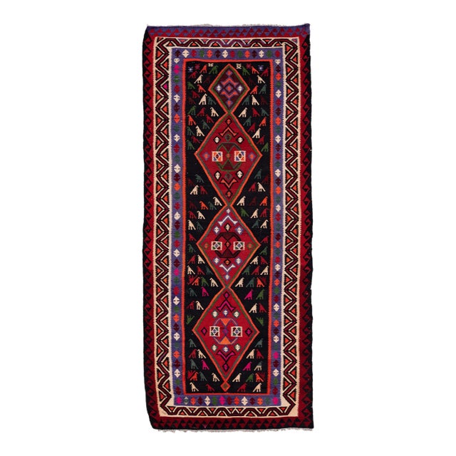Vintage Kilim Handmade Flatweave Multicolor Geometric Wool Runner 5' 2'' X 12' 11'' For Sale