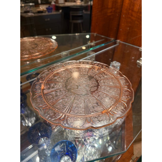 Glass Vintage Pink Depression Glass Cake Plate Jeanette Cherry Blossom Footed Glass Cake Plate For Sale - Image 7 of 8