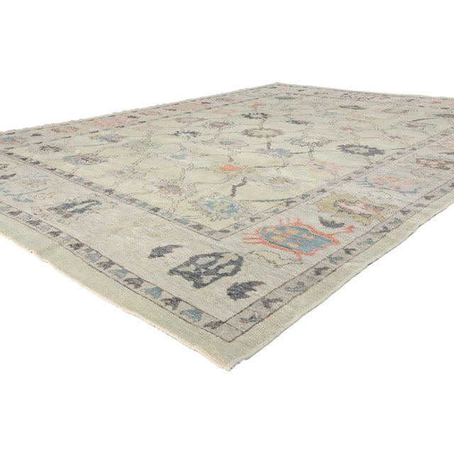 52801 Vintage Modern Oushak Turkish Rug, 10'04 x 14'05. This hand-knotted wool modern Turkish Oushak rug blossoms with an...
