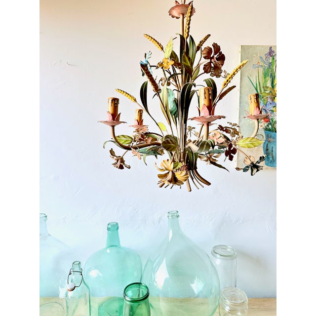 Mid-Century Modern French Polychrome Floral and Wheat Tole 5-Light Chandelier, 1960s For Sale - Image 3 of 18