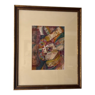 1990s American School Modern Abstract Impressionist Style Watercolor Portrait Framed Signed For Sale