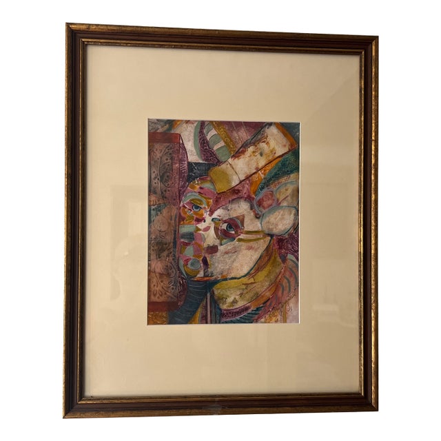 1990s American School Modern Abstract Impressionist Style Watercolor Portrait Framed Signed For Sale