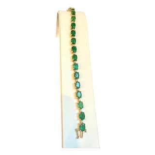 22 Carat Natural Brazilian Emerald & Diamond Tennis Bracelet 14 Kt Yellow Gold For Sale