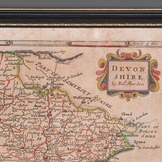 Antique Devonshire Map, English Framed Robert Morden Devon Cartography, Georgian For Sale - Image 6 of 12