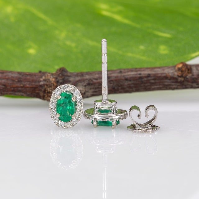 2020s Emerald Stud Earrings With Earth-Mined Diamond Accents: Solid 14k Gold, A Pair For Sale - Image 5 of 5