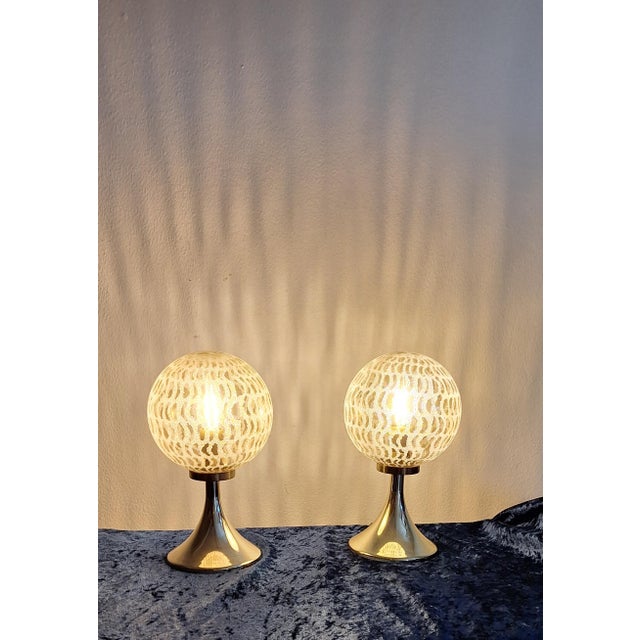 Plastic Vintage Bedside Lamps with Gold-Colored Plastic Base and Round Tinted, Patterned Glass Shade, 1970s, Set of 2 For Sale - Image 7 of 7