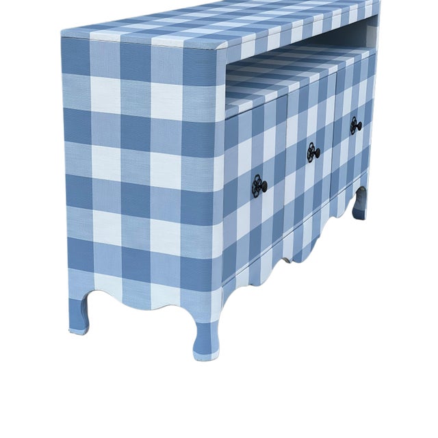 . Manufactured by Bernhardt, solid and well constructed French curved credenza. Upholstered in Serena & Lily Blue Coastal...