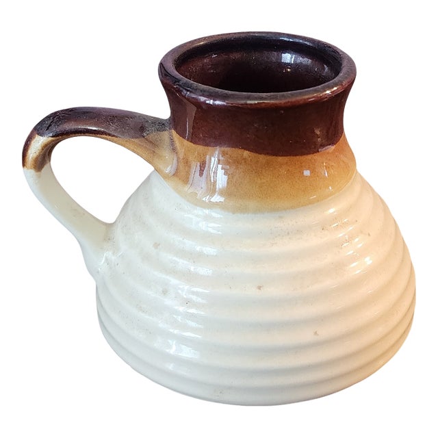 Vintage Mid Century Art Pottery Stoneware Brown & Cream Colored Ribbed Pitcher For Sale
