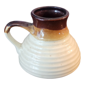 Vintage Mid Century Art Pottery Stoneware Brown & Cream Colored Ribbed Pitcher