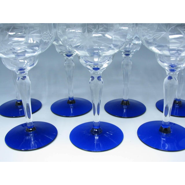 Glass Vintage 1930s Weston Cut Glass Liquor Cocktail Goblets With Floral Design and Cobalt Foot - 7 Pieces For Sale - Image 7 of 13