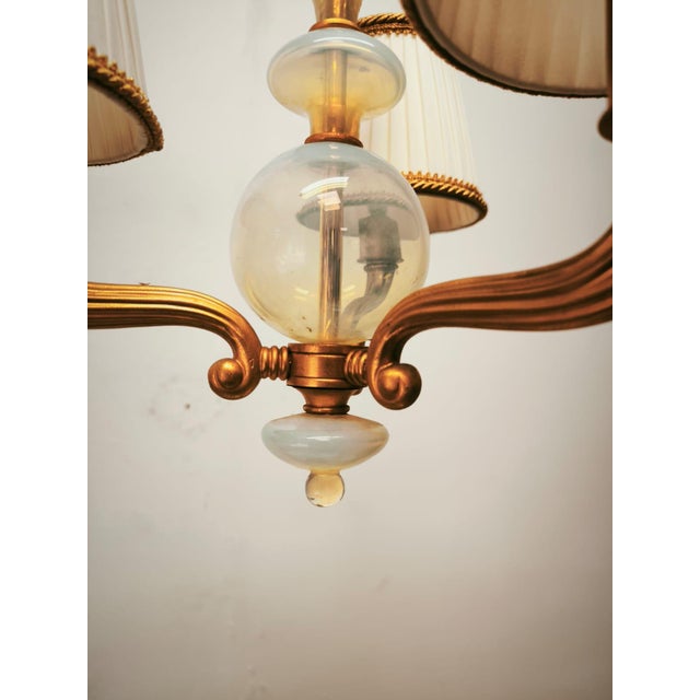 Mid-Century Modern Brass and Murano Chandelier with Silk Lampshades, 1950s For Sale - Image 3 of 18