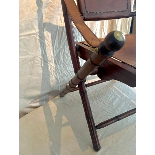 Pair of Faux Bamboo Folding Leather and Wood Campaign Chairs with Brass Details For Sale - Image 9 of 12