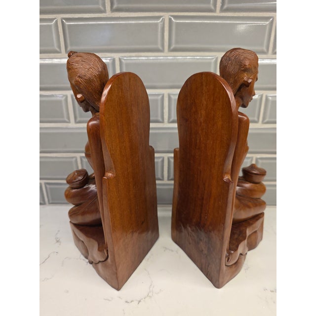 Copper Pair of Mid-Century Balinese Art Deco Mahogany Maiden Bookends – Keradjinan Bali Stamped For Sale - Image 8 of 12