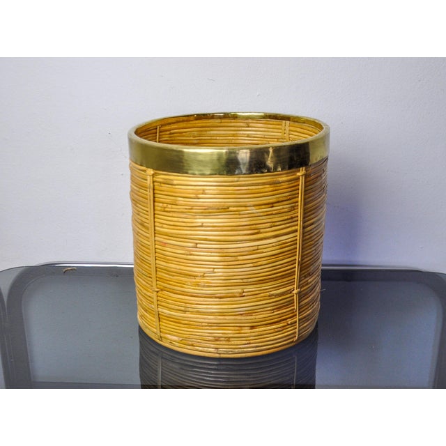 Wood Rattan and Brass Book Holder Basket, Italy, 1970s For Sale - Image 7 of 9