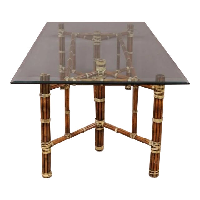 1970s McGuire Style Leather & Rattan Dining Table For Sale