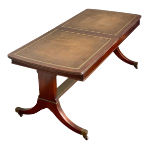 Antique Leather Top Coffee Card Game Extandable Table With Copper Tray