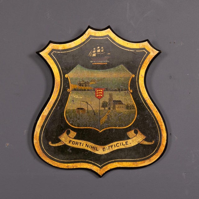 Antique 19th Century English hand painted armorial shield for Essex. The coat of arms, probably from Southend shows the...