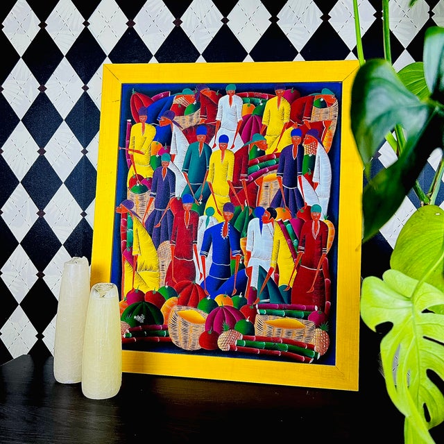 Signed Haitian Market Scene Folk Art Painting in Yellow Frame, 26" For Sale - Image 11 of 11