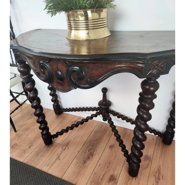 Black French Console Table in Carved Oak with Beveled Top & Barley Twist Legs For Sale - Image 8 of 10