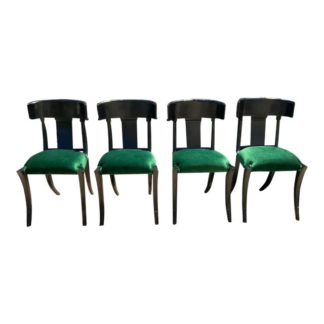 Klismos Style Dining Chairs Ebony Finish With Green Velvet - 4 For Sale