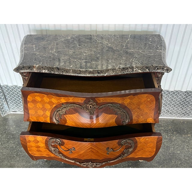 Mid 20th Century Mid 20th Century Vintage French Louis 16th Commode With Bronze Mounts and Marble Top For Sale - Image 5 of 12