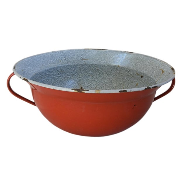Large Vintage European Red Enameled Bowl For Sale - Image 4 of 6