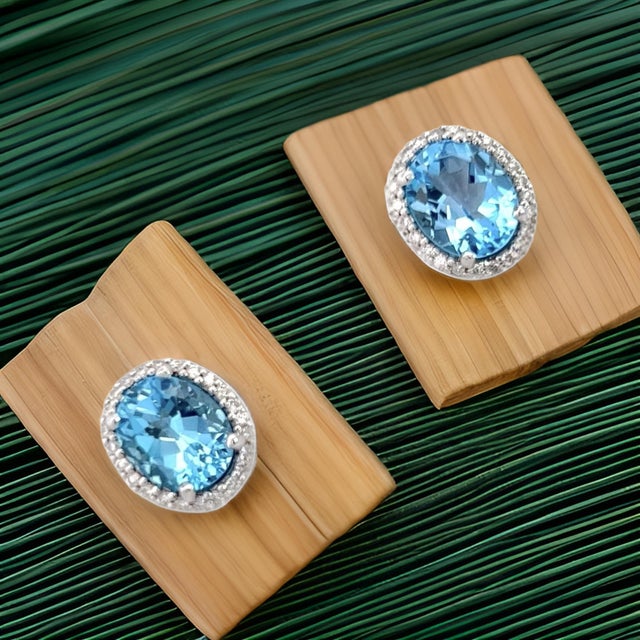 Metal Natural Topaz Diamond Stud Earrings 14k W Gold 6.98 TCW Certified For Sale - Image 7 of 17