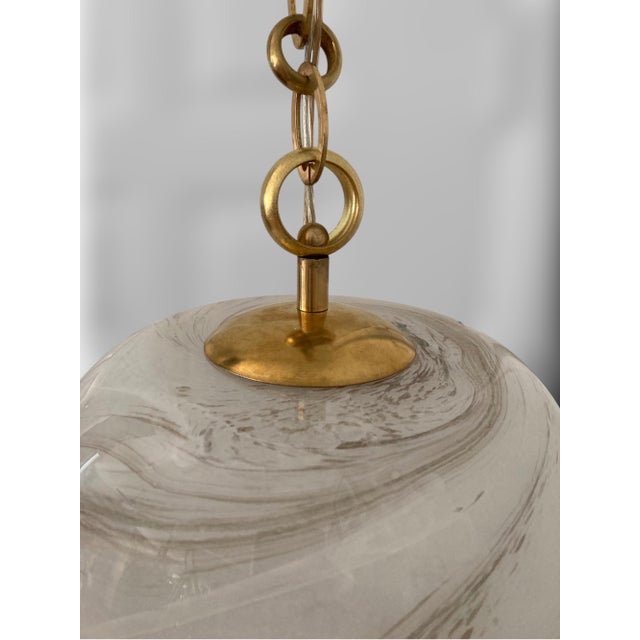Italian Handblown Faux Alabaster Glass Pendant Lamp With Brass Chain and Fittings For Sale - Image 12 of 16