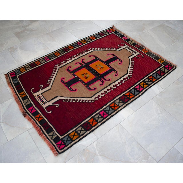 Authentic Kars Kilim Rug, Red and Earth Tone Turkish Rug, Small Living Room Kilim, Rare Personal Village Weave, 1970s Anatolian Rug 4x5 Ft Approx For Sale - Image 13 of 16