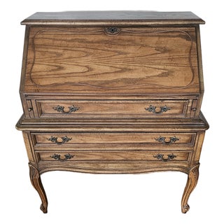 Vintage Mid-Century Dixie Furniture Co. DuBarry French Provincial Oak Shane-Front Secretary Desk For Sale