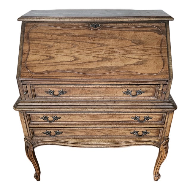 Vintage Mid-Century Dixie Furniture Co. DuBarry French Provincial Oak Shane-Front Secretary Desk For Sale