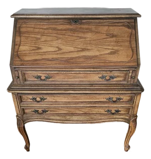 Vintage Mid-Century Dixie Furniture Co. DuBarry French Provincial Oak Shane-Front Secretary Desk