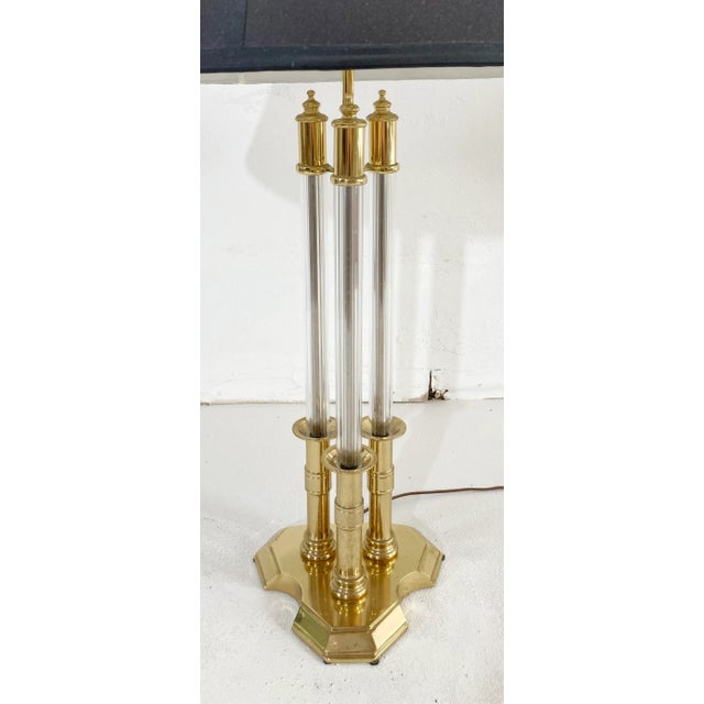 Hollywood Regency Vintage Chapman Three Pillar Brass and Lucite Table Lamp For Sale - Image 3 of 8