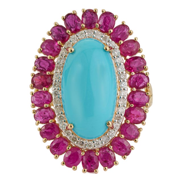 14k Yellow Gold 9.1ct Oval Cabochon Turquoise & Diamond Ruby Ring Size 6 For Sale