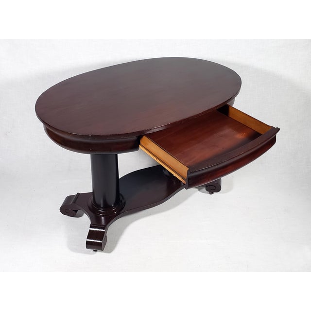 1940s Vintage Original Empire Style All Wood Double Pedestal Oval Library Table W Drawer & Carved Details For Sale - Image 11 of 12