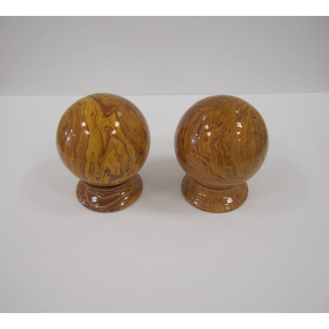 Late 20th Century Italian Yellow Marbleized Pottery Ball Spheres on Pedestal Bases - a Pair For Sale - Image 5 of 11